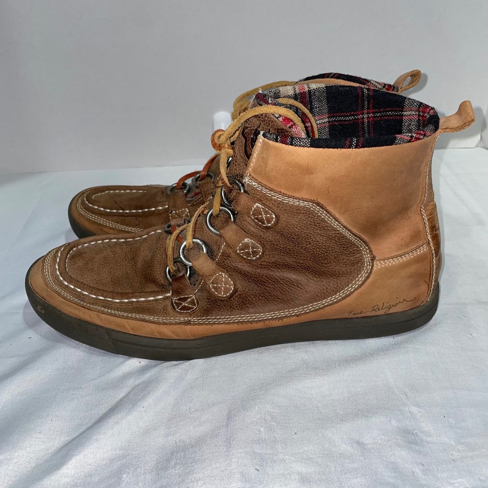 True Religion Mens Leather Moc Toe Boots Brown Plaid Lined‎ TR220104-F03 Size 11 - Picture 2 of 9